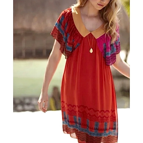 Anthropologie SILK Anupamaa Eastern Sunset Dress Women’s Size S Red Orange - Picture 2 of 12